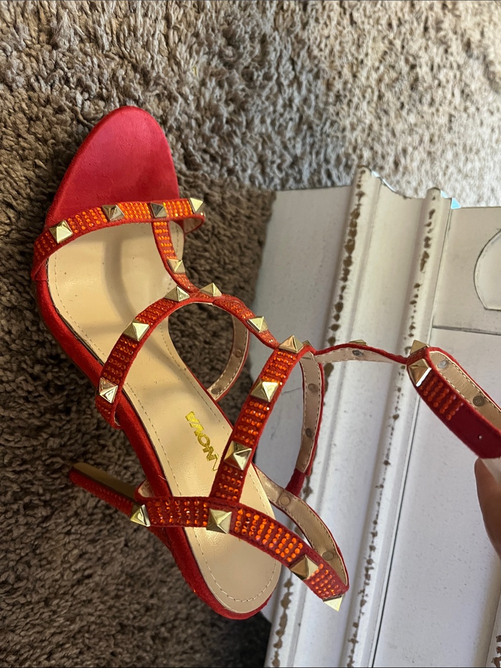 Fashion Nova Red Crystal Pyramid Stud T-Strap Heels - Picture 7 of 10